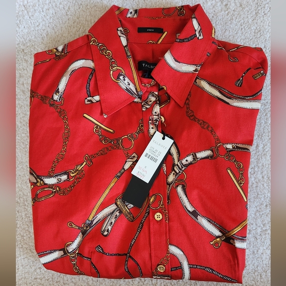 Talbots Red & Gold Equestrian Stretch Cotton Button Up Blouse Size 6 NWT - Picture 6 of 10